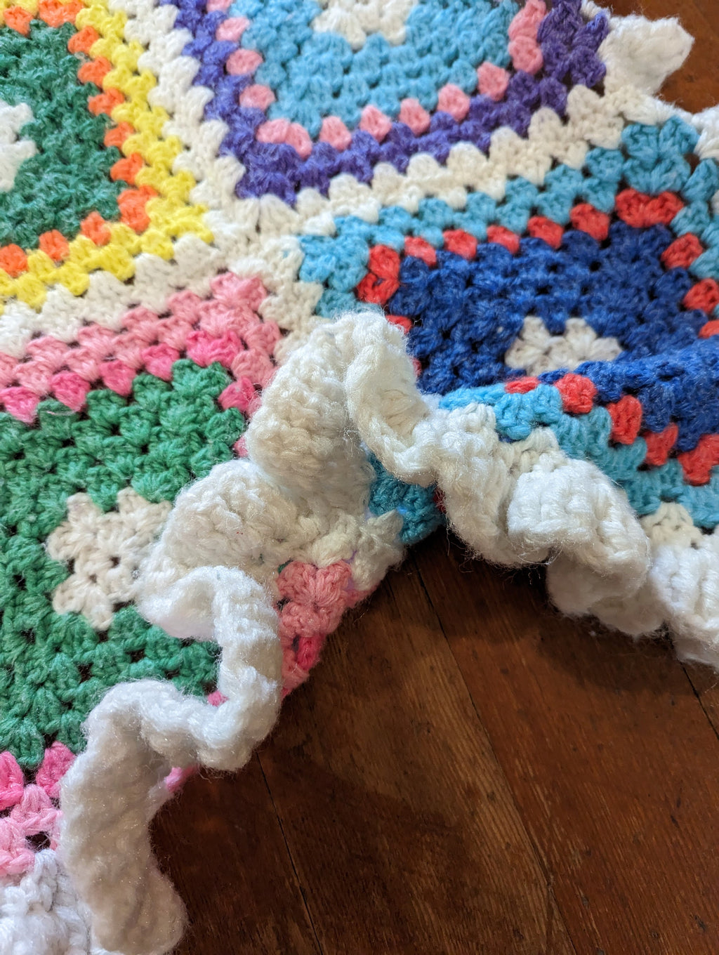 Handmade Vintage Afghan Crotched Squares with ruffle border